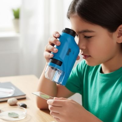 Fille regarde à travers d'un Microscope enfant