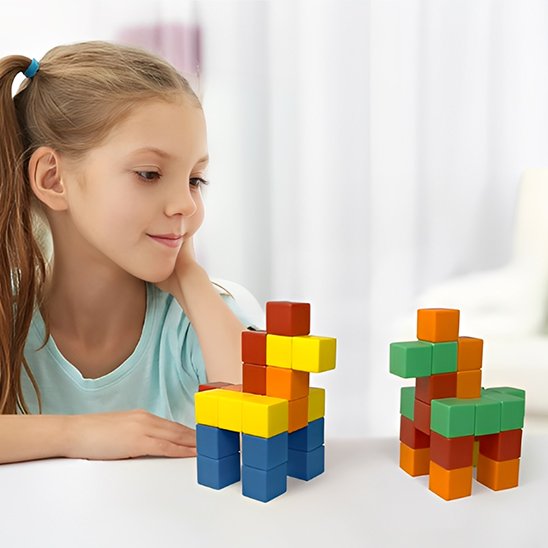 fille regarde ses figurines en cubes magnétiques