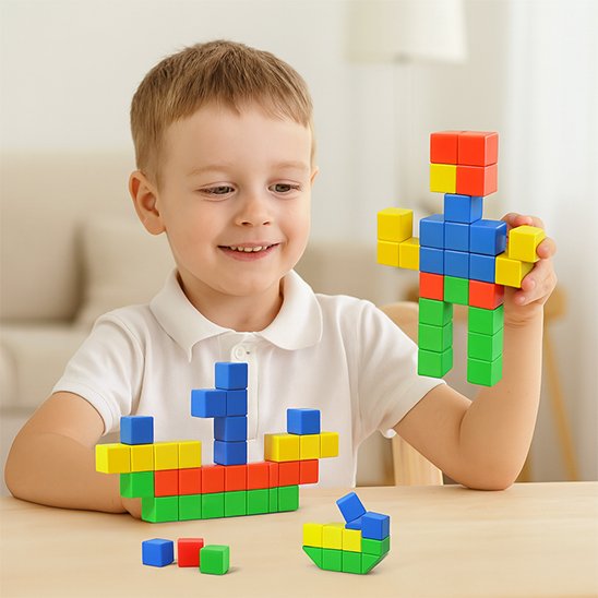 garçon avec figurine de cubes magnétiques