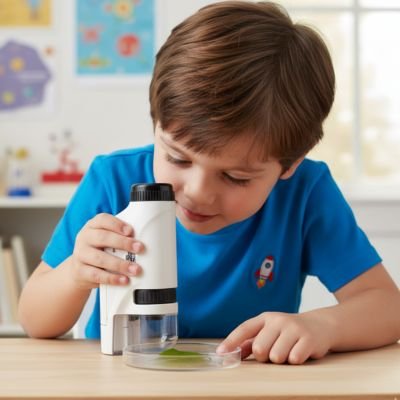 Garcon s'amuse avec un Microscope enfant