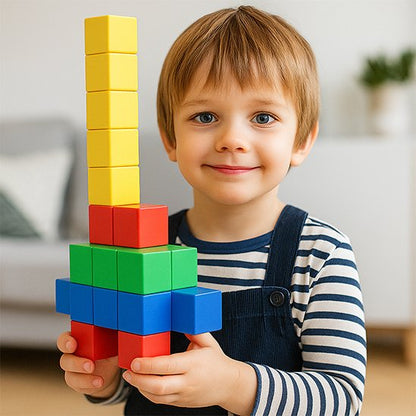 petit garçon sourit avec sa figurine en cubes magnétiques